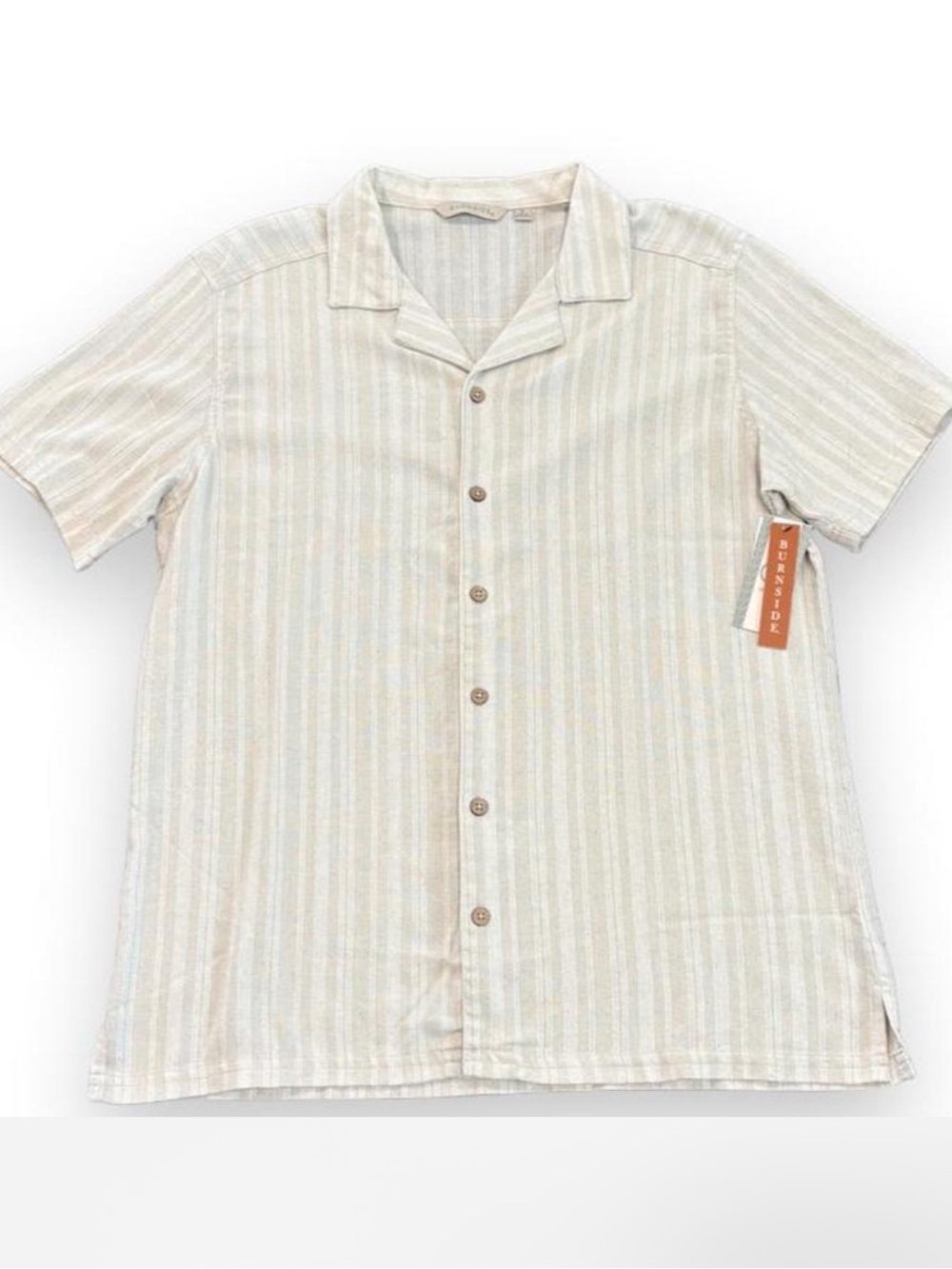 Burnside Linen Blend Striped Camp Collar Shirt Natural Beige M NWT